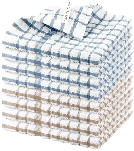 Nialnant Reinigungstücher, 100 % Baumwolle, weich, saugfähig, schnell trocknend, für Küche, Geschirrwäsche, blaue Karos + gelbe Karos, 30,5 x 30,5 cm, 8 Stück