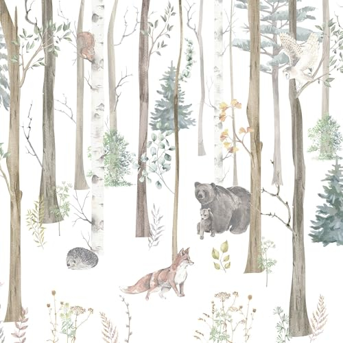 UNIK Nordic Vliestapete BxH: 150x250 cm mit Kinder und Baby XXL Wald Motiv, Kindertapete mit Waldtiere Aquarell Design, Fototapete für Kinderzimmer, Premium Foto Tapete mit 180g/m2 Stärke