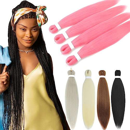 PARXITN Extensiones de pelo trenzado, color rosa, largo 66 cm, 4 unidades Yaki Easy Trenzas sintéticas para ganchillo