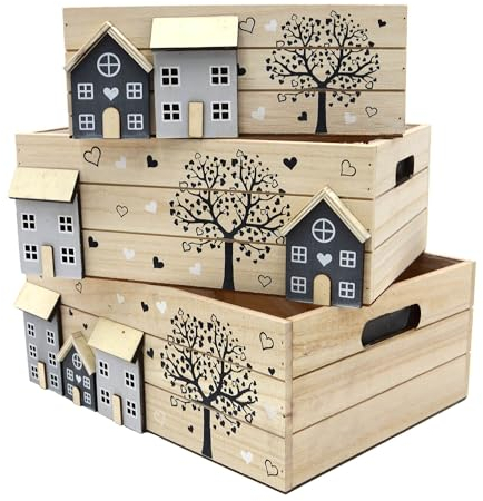 UNUS Set di 3 cassette in legno come contenitore decorativo con manici