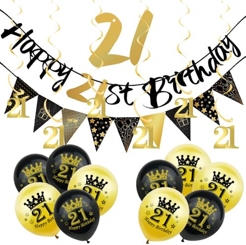 18Pcs Black Gold Happy 21st Birthday Decorations Set for Her, Women's 21st Birthday Balloons, Hanging Swirls Banner, Triangle Flag Banner