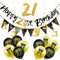 18Pcs Black Gold Happy 21st Birthday Decorations Set for Her, Women's 21st Birthday Balloons, Hanging Swirls Banner, Triangle Flag Banner