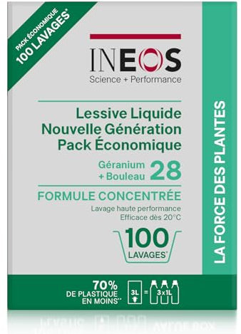 INEOS Pack Eco De Lessive Liquide Concentrée, Un Nettoyage Imbattable Grâce Au Pouvoir Des Plantes, Adaptée Aux Peaux Sensibles, Efficace Dès 20°C, Parfum Geranium et Bouleau, 3L, 100 LAVAGES