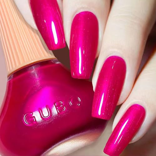 Hot Pink Nail Polish - Pearl Rose Red Nail Vanish - 12ml Bright Pink Glitter Quick Dry Nail Lacquer Holographic Quick Dry Shimmer Long-lasting Glossy Nail Art Varnish