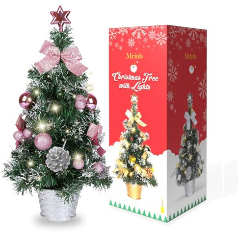 Mrinb 45CM Small Christmas Tree with Lights,Mini Desktop Decoration Tree with Star Tree Topper, Balls, Bows, Pine Cones for Home Office Shopping Bar Christmas Decorations (Pink)