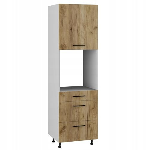 Laclar TAFLA Küchenunterschrank Backofenschrank mit 3 Schubladen - Schrank für Backofen Einbau - Soft-Close - Selbstmontage - Küchenschrank - 60x56x207 cm - Eiche Craft Gold