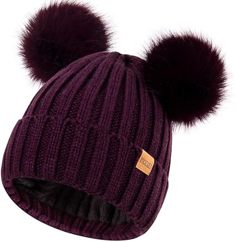 PIOZAED Women's Winter Warm Knit Beanie mit Kunstpelz Pom Skull Cap Cozy Fleece gefüttert Hut für Frauen