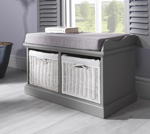 Tetbury Dove Grey Storage Bench with Cushion Seat | Hallway Bench with 2 Wicker Baskets | W76cm H46cm D40cm | Fully Assembled, Very Sturdy (grey)