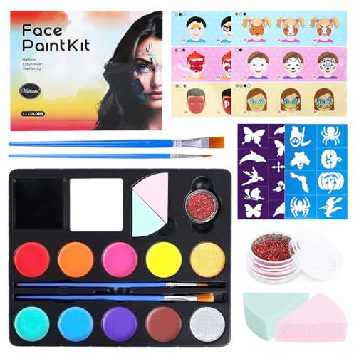 Kinderschminke Set, Body and face paint kit, 12 Farben Schminkfarben Schminkpalette, Gesichtsfarbe Kinderschminken, Schminkset mit 18 Schablone, Halloween, Karneval, Geburtstag, Festparty