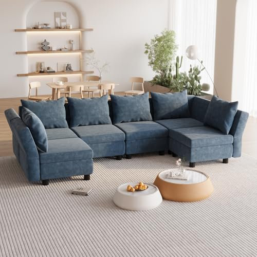 Flamaker Couch L Form, Ecksofa mit Stauraumbettkasten und Polstermöbel, Convertible Sectional Sofa mit Winkelverstellbaren Armlehnen und Rückenlehnen (Hellblau, 6 Seats)