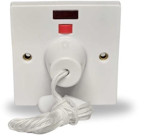 Mr.Gadget's Solutions 45 Amp Electric Shower Ceiling Switch with Pull Cord, Double Pole Isolator with Neon Indicator White