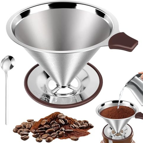 CEWROM Kaffeefilter, Permanenter Pour Over Kaffeefilter aus Edelstahl, Papierloser Dauer Wiederverwendbarer Kaffeefilter zur Herstellung von Manuellem Kaffee,mit Reinigungsbürsten und Löffel
