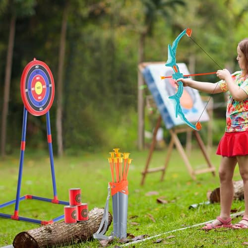 VEVOR Ensemble d'arc et flèches pour enfants, kit tir à l'arc lumineux à LED, avec 10 flèches à ventouse, cible debout, carquois, 3 canettes de cible, jouet d'extérieur pour garçons, filles 6-10 ans