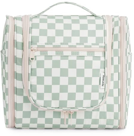 Narwey Groß Kariert Kulturbeutel Damen & Herren - Gross Kulturtasche Zum Aufhängen, Kinder Kosmetiktasche - Waschtasche für Mädchen (Kariert Mintgrünes(Groß))