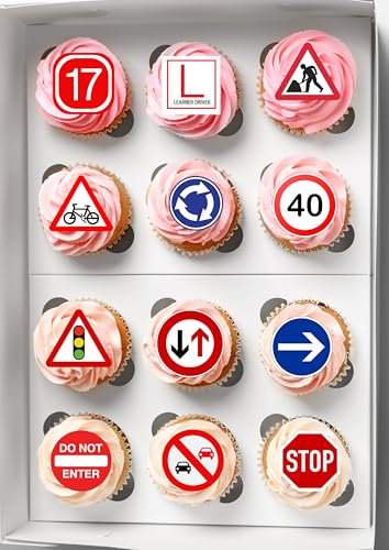 Generic 17th Birthday Multicolored Cupcake Toppers, 24 Precut Edible Wafer Card Learner Driver Road Signs, Perfect for Birthday Party Cake Decorations