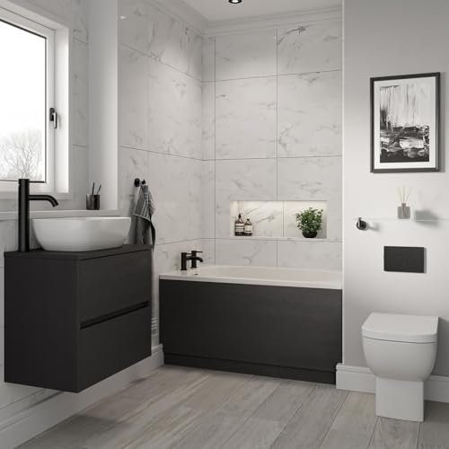 Wholesale Domestic Alford 1200mm Steel Straight Single Ended Bathroom Suite including Matt Black Flush Plate Back to Wall Toilet and Graphite Grey Vanity Unit with Countertop Basin