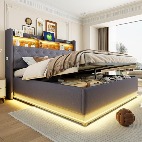 Kebnor LED-Polsterbett, Gepolstertes Stauraumbett mit USB-Ladeanschluss und hydraulischem Stauraum, hautfreundlicher Leinenstoff (grau, 180 x 200 cm)