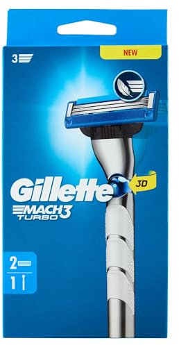 Gillette Rasoir Pour Homme Mach3 Turbo, Manche Et 2 Recharges, Cartouche Avec Un NOUVEAU Revêtement De Lame Pour Réduire La Pression Sur La Peau, Bande Lubrifiante Pour Rasage Avec Une Glisse Fluide