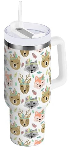 Kcldeci Carino Animali Piume Cervo Volpe Raccoon Acciaio Inox Thermos con Coperchio e Cannuccia per Acqua, Tè Freddo o Caffè, 1,18 L