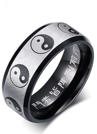 IMINI Yin Yang Tai Chi Bandring für Herren und Damen, 8 mm, Edelstahl, Unisex, mittelknöchelig, personalisierter Schmuck mit mattschwarzer Beschichtung, abgeschrägten Kanten und bequemer Passform