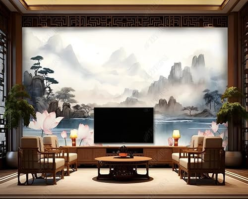 Papier Peint Intissé Style De Paysage À L'Encre De Lotus Poster Tableaux Muraux Tapisserie Photo Trompe L'Oeil Salon Chambre Art Mural 150Cm(L) X105Cm(H)