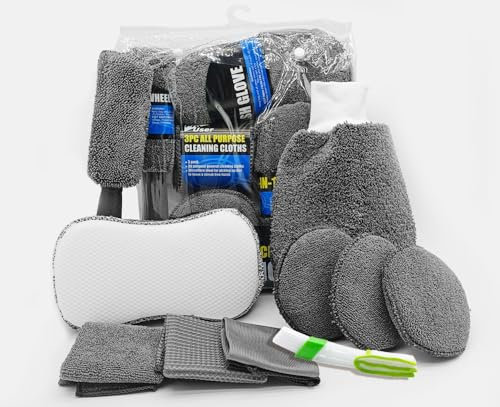 Auto Reinigungsset,10Pcs Autowaschset Auto Set, Autopflege Set mit Waschhandschuh Auto, Reifenbürste, Mehrzweck-Reinigungstüchern, Polierpad und Schwamm, Reinigungsbürste für Lüftungsschlitze,Grau