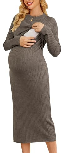 OUGES Women's Wool Blend 2025 Maternity Sweater Nursing Dress Long Sleeve Crew Neck Slim Fit Ribbed Knit Midi Dress(Coffee,XXL)