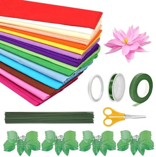 Luckwaii 15 Farben Krepppapier Bunt, Floristenkrepp 50 x 100 cm Crepe Papier mit 50 Draht Grün Kreppband Dünner Draht Doppelseitiges Klebeband Schere Künstliche Blätter für DIY Blumenpapier-Handwerk