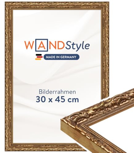 WANDStyle goldener Bilderrahmen 30x45 Holz, Bilderrahmen Gold Vintage | Hochwertiger Holzbilderrahmen Antik, Posterrahmen zum Aufhängen, Rahmen 45x30 cm, Fotorahmen H530 Made in Germany