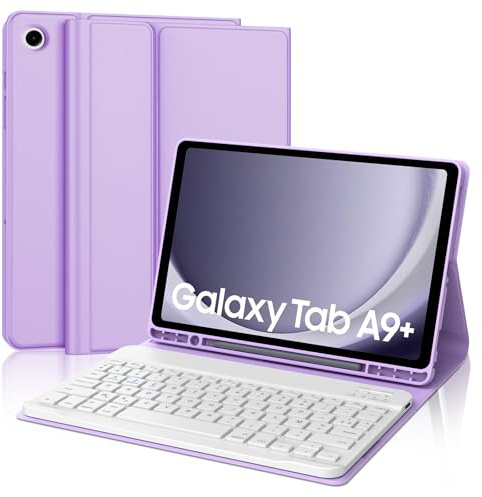 IVEOPPE Étui Clavier pour Samsung Galaxy Tab A9 Plus 11 Pouces 2023, Magnétique Amovible Coque, Samsung Tab A9 + Bluetooth Rechargeable AZERTY Français Clavier Coque avec Porte Crayon, Violet Clair