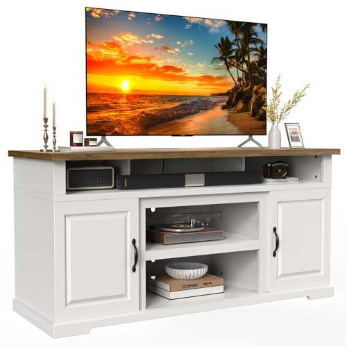 Marsail Modern Farmhouse TV Stand, Entertainment Center with Storage Cabinets, Adjustable Shelves and Power Outlets for Televisions up to 80 Inch, TV Console Table for Living Room, Brown&White