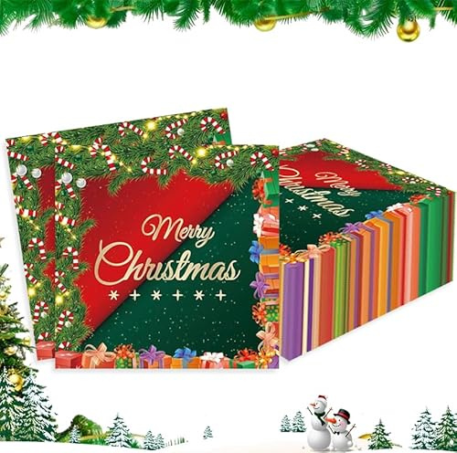 40 Stück Servietten Weihnachten mit Merry Christmas Motiv Rot Grün, Servietten Weich Saugfähig, Premium Weihnachtsservietten 33x33 cm für stilvolle Tischdeko Weihnachten und Festliche Anlässe