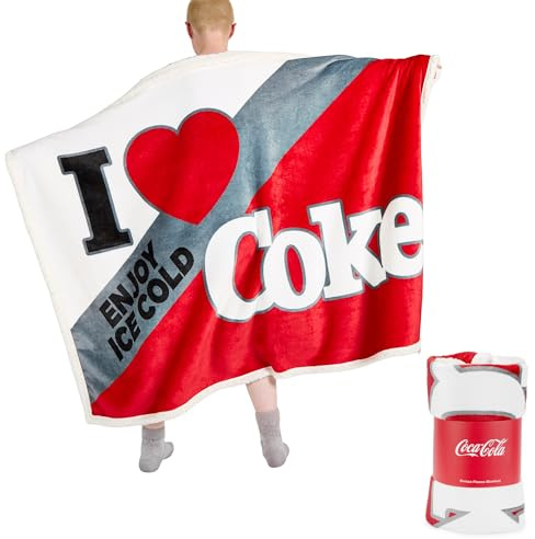 Coca Cola Classic 'I Love Coke' Retro Sherpa Fleece Blanket - 152 x 117 cm, Official Merchandise For the fans of Coke
