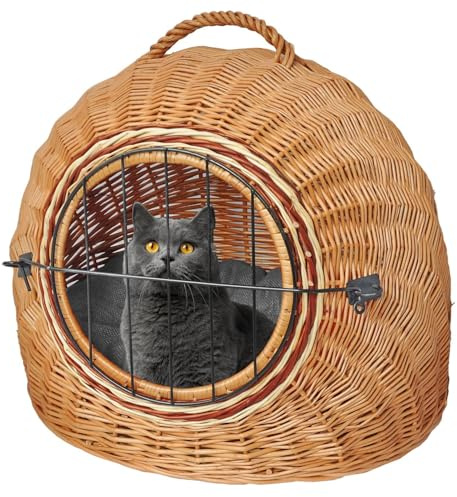 YULKA Katzentransportkorb aus Weide – Katzenkorb mit Metalltür & Kissen, handgeflochten, Tragegriff – 50×39×37–40 cm – 2-in-1 Transport & Schlafplatz