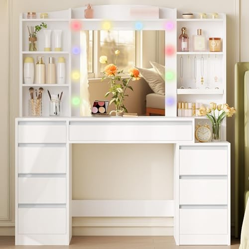 Hzuaneri Dressing Table with 8 Drawers, Vanity Desk with Large Mirror and Colorful Lights, Adjustable Brightness, Makeup Desk with Jewelry Storage, 120 cm Tabletop with Bedside Table, White