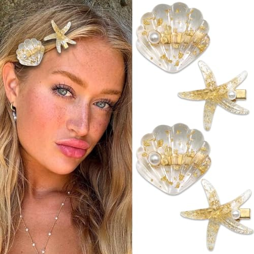 Haarklammer Damen, 4 PCS Seestern Metall Haarspangen and Muschel Haarspange Gol, Haarklammer Klein, Meerjungfrau Accessoires Damen, Haarspangen Set, für im Alltag und Auf Partys