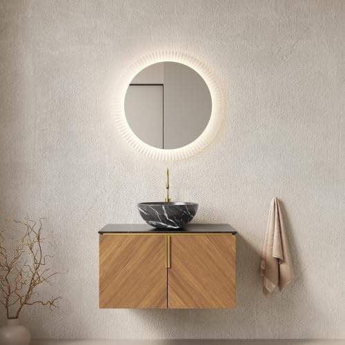 Lavabo con mueble bajo, 76 cm, soporte de pared, lavabo de cerámica, diseño de piedra, encimera de piedra sinterizada, 2 puertas, armario de madera contrachapada espresso negro para baño y WC