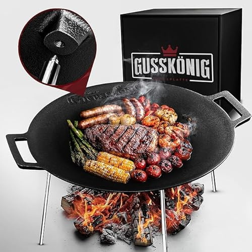 GUSSKÖNIG Gusseisen Grillplatte (Ø 42 cm) mit 3 Edelstahl Beinen - Dutch Oven GrillplatteGusseisen Rund - Dreibein Grillplatte - Feuerschale - 30 Jahre Garantie