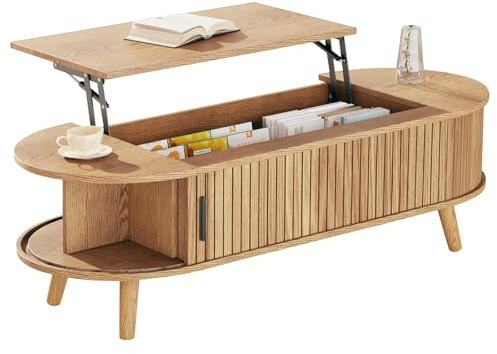 GQTYBZ Lift Top Oval Coffee Table, Centre Table with Hidden Storage, Wooden Tea Table with Tambour-Design Sliding Doors for Living Room Bedroom Furniture, 120 x 50 x 39.5cm, Natural wood