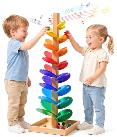 Wooden Rainbow Music Singing Tree with Marble Ball Run Track Game, 30 Pieces Montessori Sound Tree, 6 Colorful Wooden Ball Drop Toy for Kids Girls and Boys
