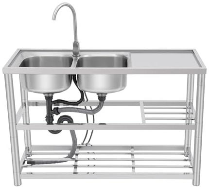 Fregadero independiente de cocina, fregadero doble de acero inoxidable con encimera, grifo y estante giratorios de 360°, juego completo, 120 x 45 x 80 cm