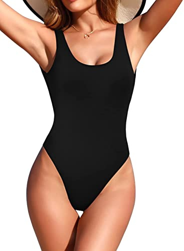 SHEKINI Damen Einteiliger Badeanzug U Ausschnitt Sport Bauchweg Bademode Rückenfrei Monokini Swimsuit Slim Strandmode(XL, C-Schwarz)