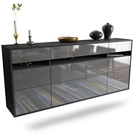 Dekati Sideboard Manchester hängend (180x77x35cm) Korpus anthrazit matt - Front Hochglanz Grau - Push to Open - Leichtlaufschienen
