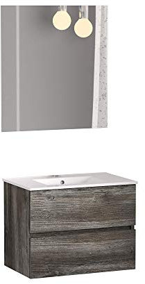 Mueble de Baño Dos cajones, suspendido a la Pared con lavabo. Melamina 16. Mueble montado. Mueble de 70cm Vintage con Espejo Luna Lisa