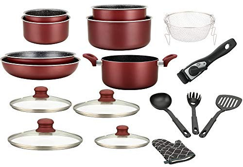 Batterie de cuisine - lot de casserole induction - set casserole et poele tous feux - set de cuisine de 17 éléments « spécial cuisson » avec casseroles et poêles revêtement marbre et poignée amovible