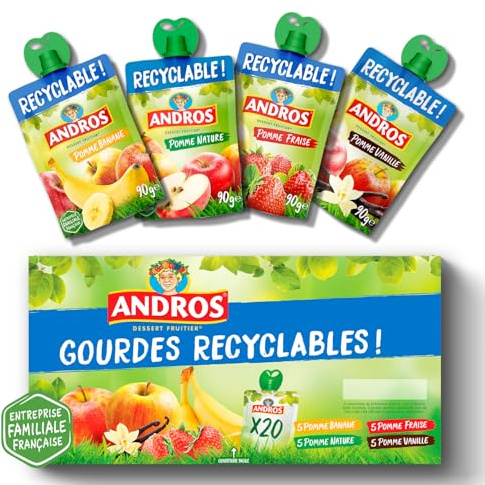 ANDROS - Compote de Fruit - Gourde Recyclable - Allégée - Goût Pomme + Pomme/Banane + Pomme/Fraise + Pomme/Vanille - Idéal pour le Goûter des Enfants - Lot de 20