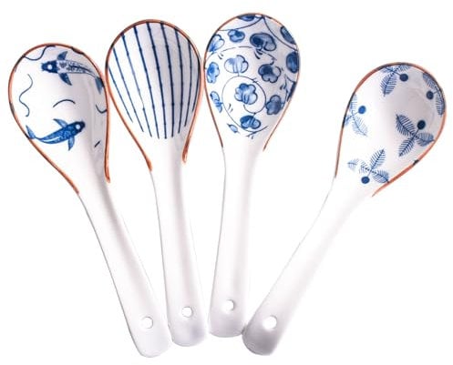 4 Pieces Japanese Soup Spoons Ceramic Spoons Asian Soup Spoon sets Suitable for Pho, Ramen, noodles