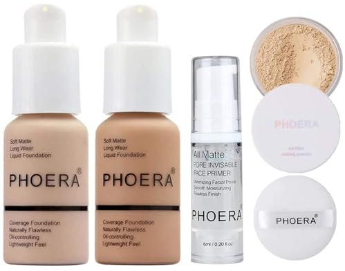 Phoera Foundation Full Coverage Makeup Set, 6ml Face Primer & Cool Beige Setting Powder, Contains Nude & Buff Beige Matte Foundation - 30ml