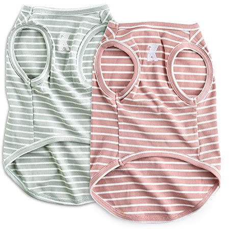 Koneseve Dog Shirt Vest Lightweight Stretchy Dog T-Shirts Soft Cool Shirts Sleeveless Stripe Vests Breathable Clothes for Puppy Kitty Cats Small Medium Large Dogs 2 Pack Pink + Green [ L/Large ]