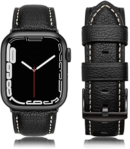 EDIMENS Kompatibel mit Apple Watch Armband 45mm 44mm 42mm, Vintage Echtes Leder Ersatzarmband für Apple iWatch Series 8 7 6 5 4 3 2 1 SE Sport Edition Damen Herren, Lichee Schwarz